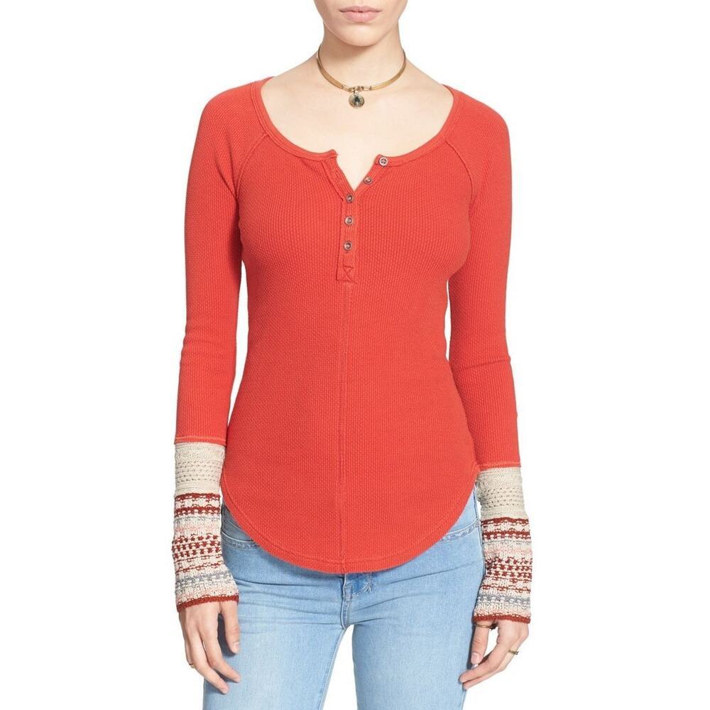 Free People Women's Red Newbie Ski Lodge Cuff Thermal Top Medium Y2K